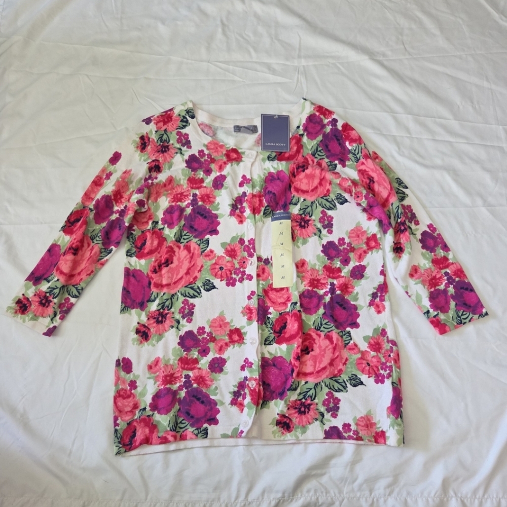 New Laura Scott Women's medium pink floral cardigan sweater #WS2